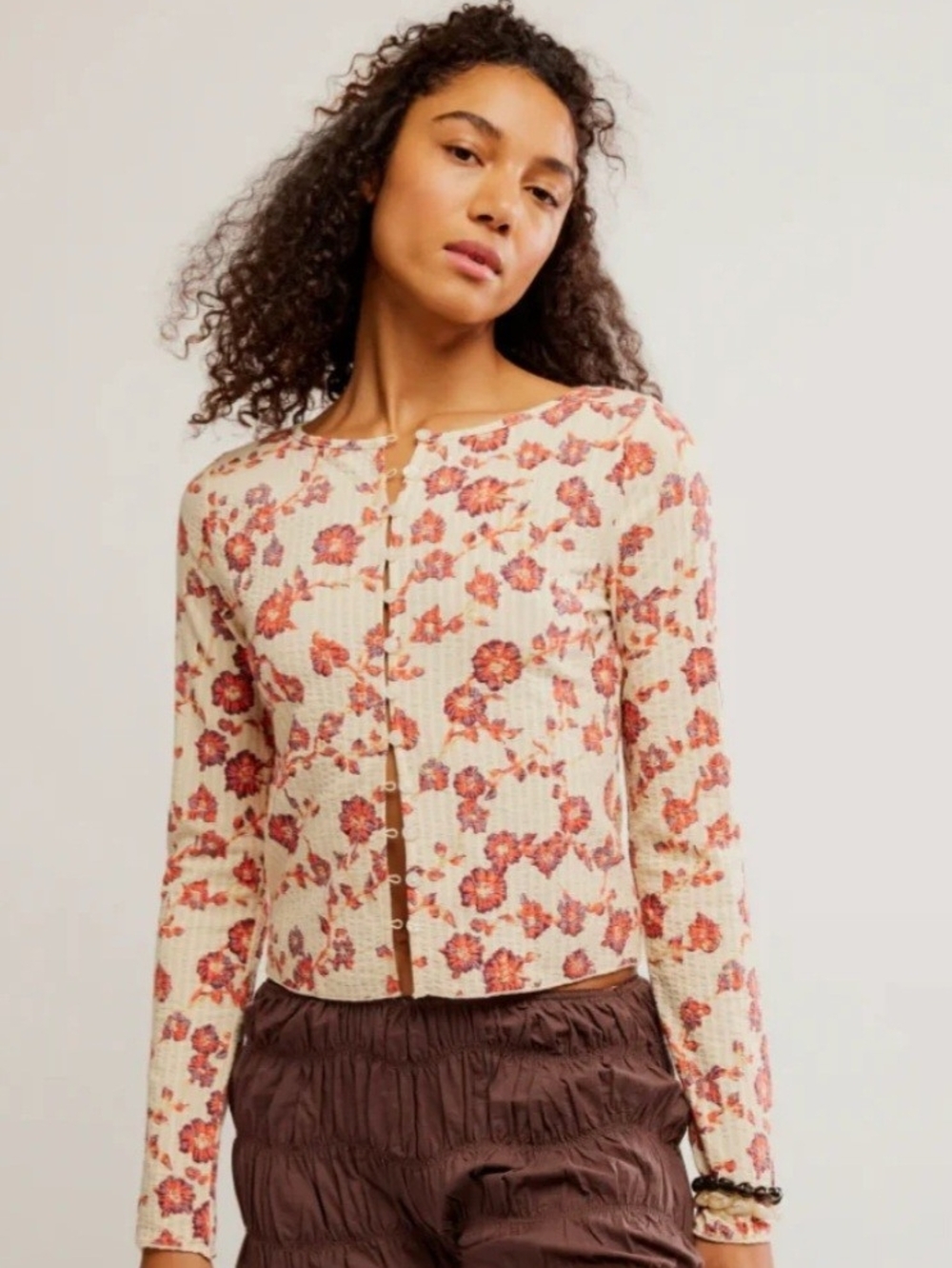 Free People Women’s Floral Button-Front Long Sleeve Top - Cream with Rust Floral